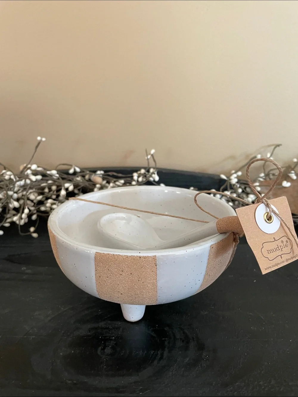 NWT Mud Pie Terracotta Salsa/Dip Bowl with Spoon - Natural Colors - 5.5”x3”